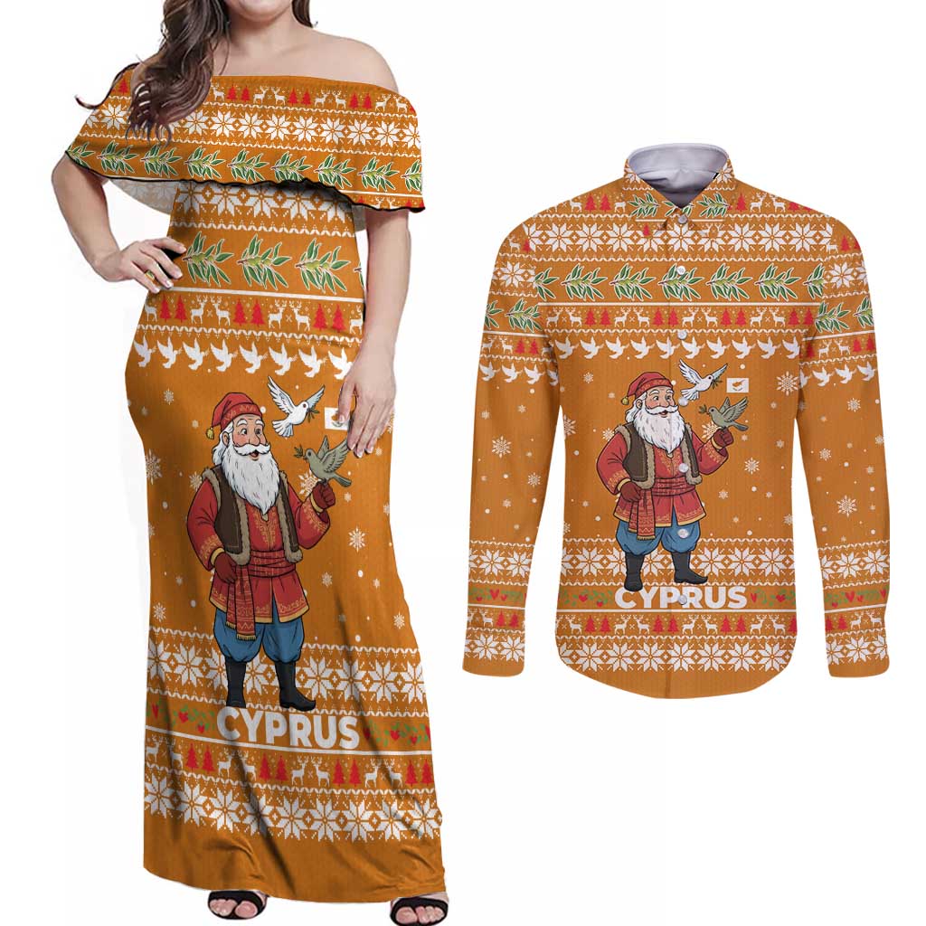 Cyprus Christmas Couples Matching Off Shoulder Maxi Dress and Long Sleeve Button Shirt with Santa Holding Doves Olive Branch Snowflakes and Holiday - Wonder Print Shop