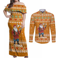 Cyprus Christmas Couples Matching Off Shoulder Maxi Dress and Long Sleeve Button Shirt with Santa Holding Doves Olive Branch Snowflakes and Holiday - Wonder Print Shop