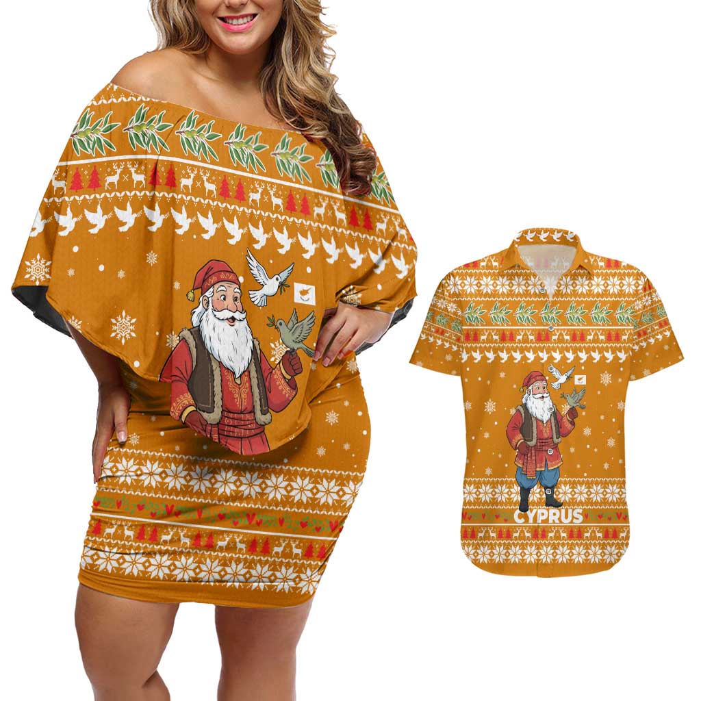 Cyprus Christmas Couples Matching Off Shoulder Short Dress and Hawaiian Shirt with Santa Holding Doves Olive Branch Snowflakes and Holiday - Wonder Print Shop