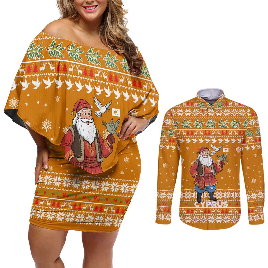 Cyprus Christmas Couples Matching Off Shoulder Short Dress and Long Sleeve Button Shirt with Santa Holding Doves Olive Branch Snowflakes and Holiday - Wonder Print Shop