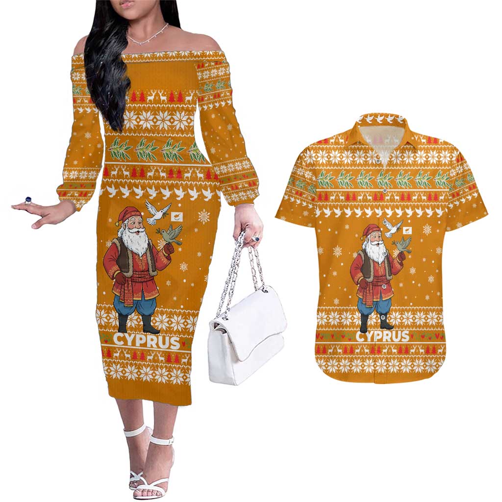 Cyprus Christmas Couples Matching Off The Shoulder Long Sleeve Dress and Hawaiian Shirt with Santa Holding Doves Olive Branch Snowflakes and Holiday - Wonder Print Shop