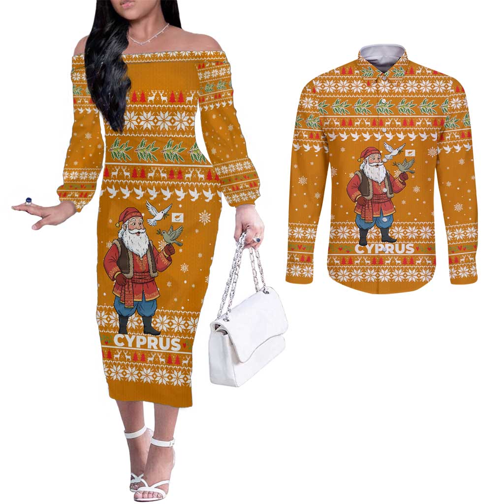Cyprus Christmas Couples Matching Off The Shoulder Long Sleeve Dress and Long Sleeve Button Shirt with Santa Holding Doves Olive Branch Snowflakes and Holiday - Wonder Print Shop