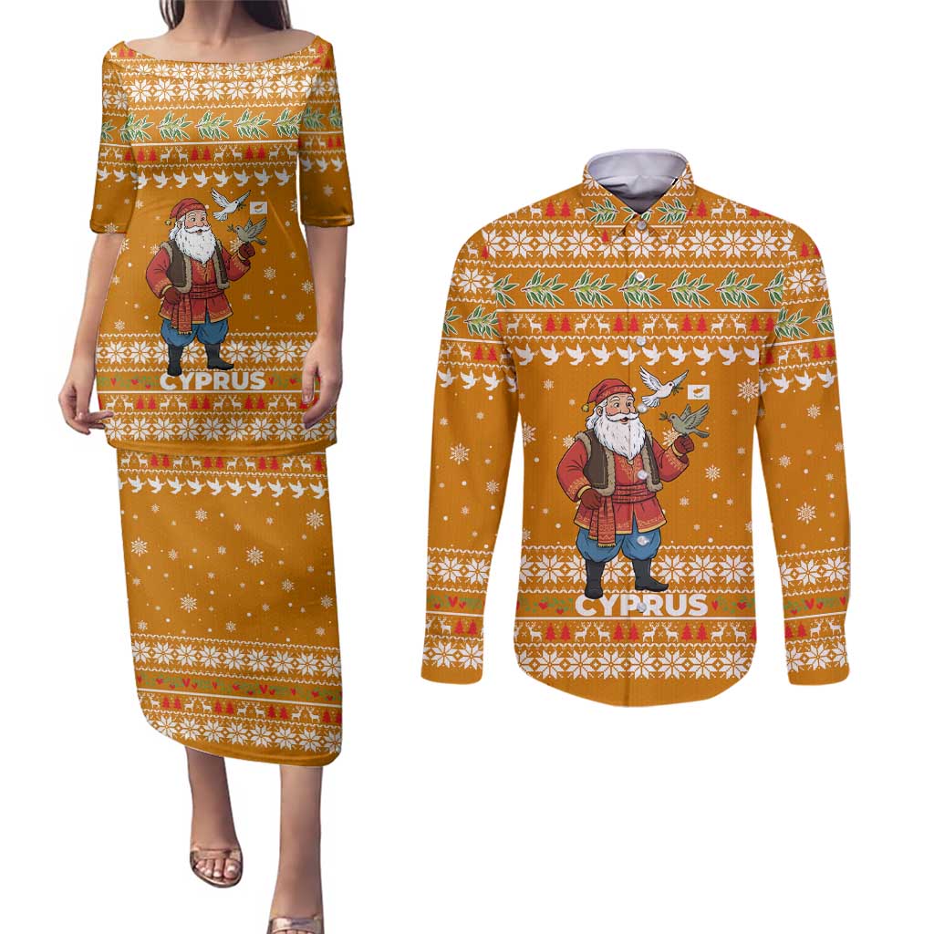 Cyprus Christmas Couples Matching Puletasi and Long Sleeve Button Shirt with Santa Holding Doves Olive Branch Snowflakes and Holiday - Wonder Print Shop