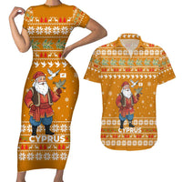 Cyprus Christmas Couples Matching Short Sleeve Bodycon Dress and Hawaiian Shirt with Santa Holding Doves Olive Branch Snowflakes and Holiday - Wonder Print Shop