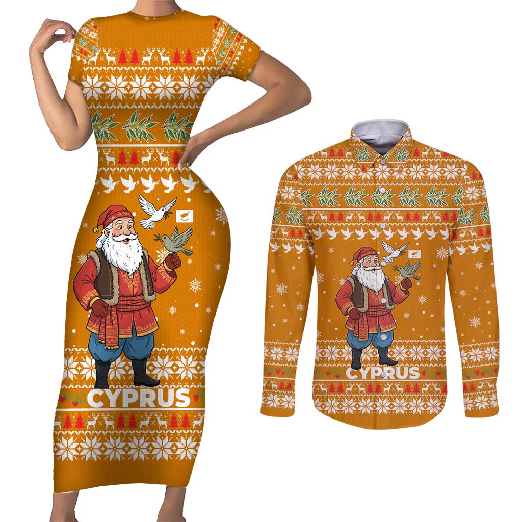 Cyprus Christmas Couples Matching Short Sleeve Bodycon Dress and Long Sleeve Button Shirt with Santa Holding Doves Olive Branch Snowflakes and Holiday - Wonder Print Shop