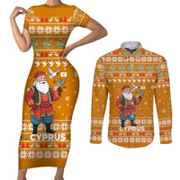 Cyprus Christmas Couples Matching Short Sleeve Bodycon Dress and Long Sleeve Button Shirt with Santa Holding Doves Olive Branch Snowflakes and Holiday - Wonder Print Shop