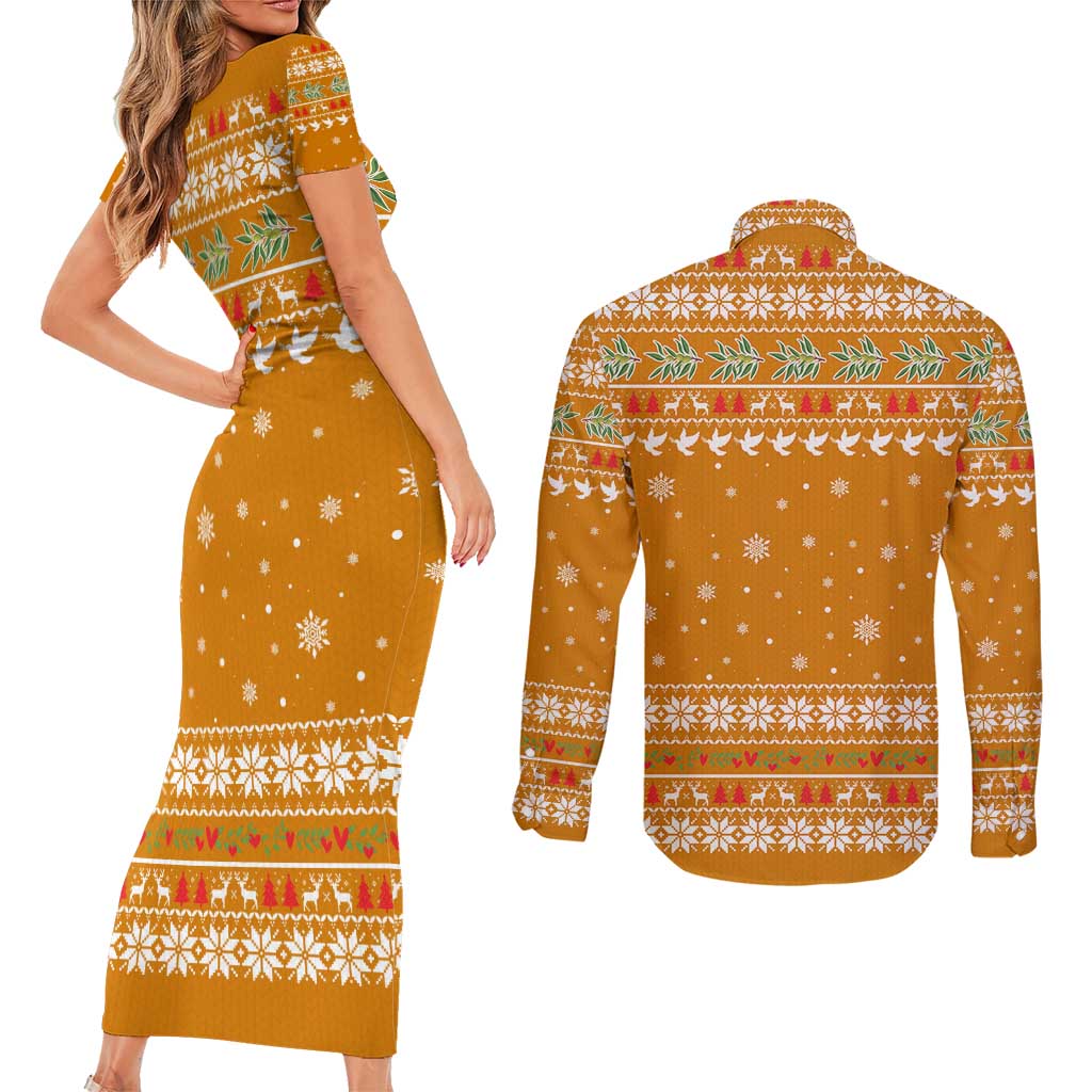 Cyprus Christmas Couples Matching Short Sleeve Bodycon Dress and Long Sleeve Button Shirt with Santa Holding Doves Olive Branch Snowflakes and Holiday - Wonder Print Shop