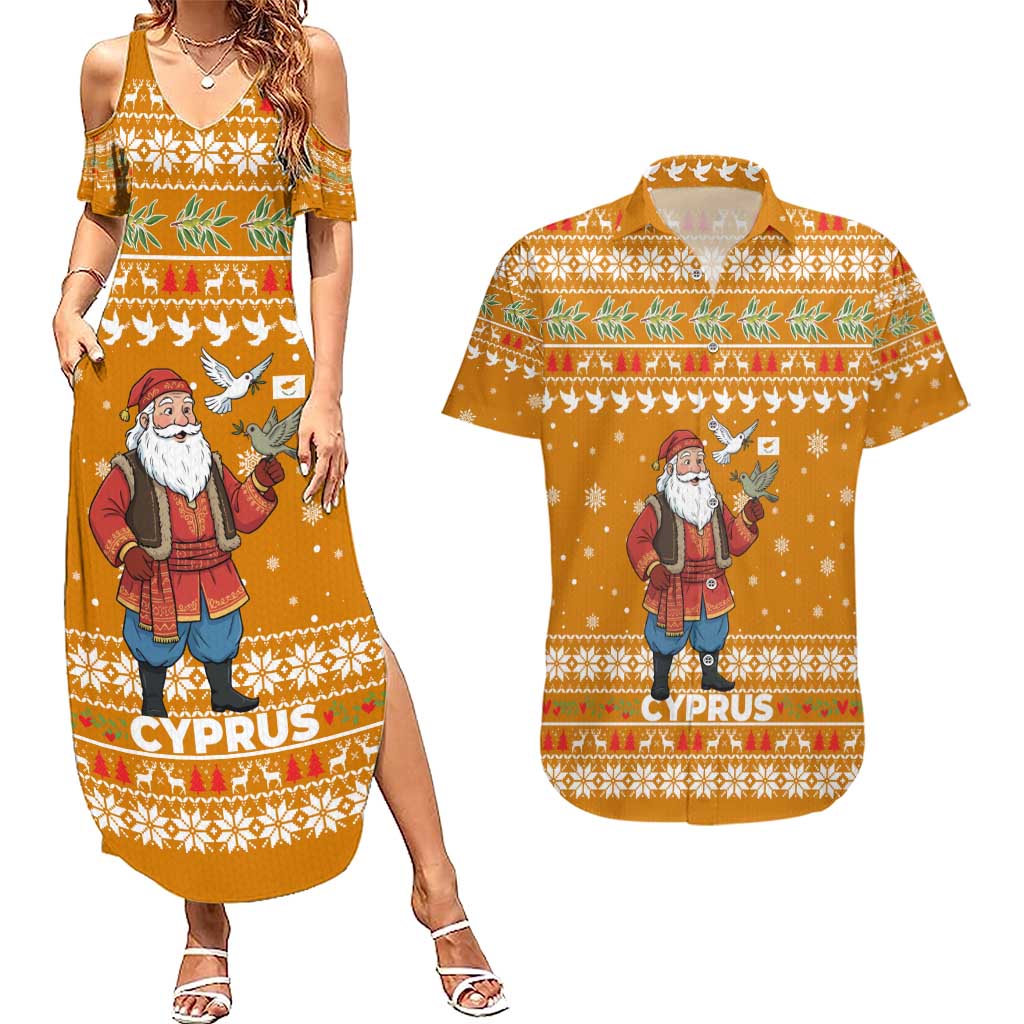 Cyprus Christmas Couples Matching Summer Maxi Dress and Hawaiian Shirt with Santa Holding Doves Olive Branch Snowflakes and Holiday - Wonder Print Shop