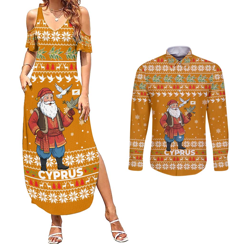 Cyprus Christmas Couples Matching Summer Maxi Dress and Long Sleeve Button Shirt with Santa Holding Doves Olive Branch Snowflakes and Holiday - Wonder Print Shop