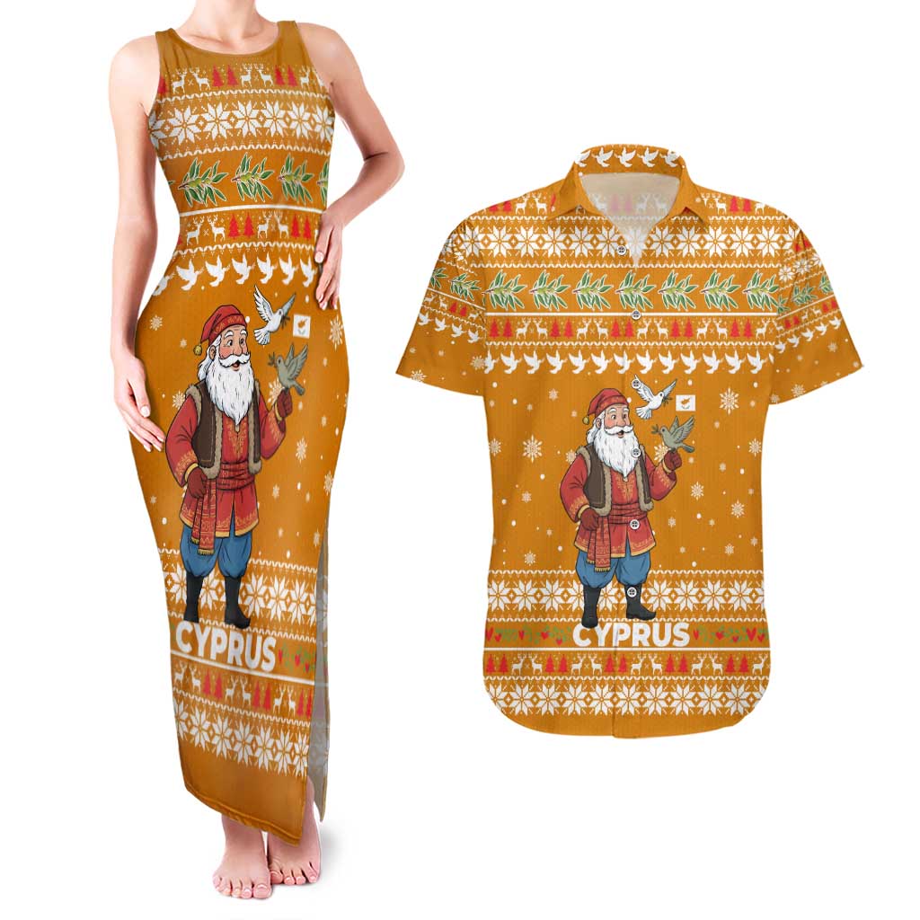 Cyprus Christmas Couples Matching Tank Maxi Dress and Hawaiian Shirt with Santa Holding Doves Olive Branch Snowflakes and Holiday - Wonder Print Shop