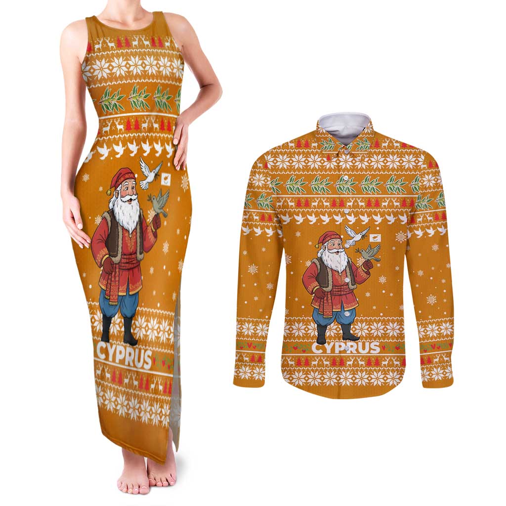 Cyprus Christmas Couples Matching Tank Maxi Dress and Long Sleeve Button Shirt with Santa Holding Doves Olive Branch Snowflakes and Holiday - Wonder Print Shop