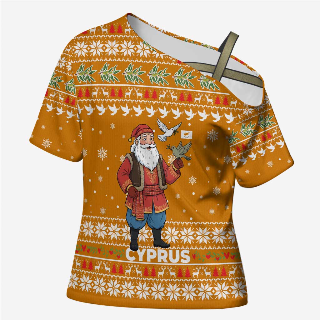 Cyprus Christmas Cross Shoulder Shirt with Santa Holding Doves Olive Branch Snowflakes and Holiday - Wonder Print Shop