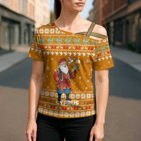 Cyprus Christmas Cross Shoulder Shirt with Santa Holding Doves Olive Branch Snowflakes and Holiday - Wonder Print Shop