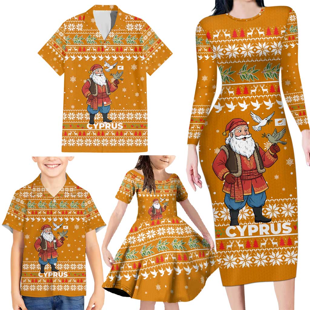 Cyprus Christmas Family Matching Long Sleeve Bodycon Dress and Hawaiian Shirt with Santa Holding Doves Olive Branch Snowflakes and Holiday - Wonder Print Shop