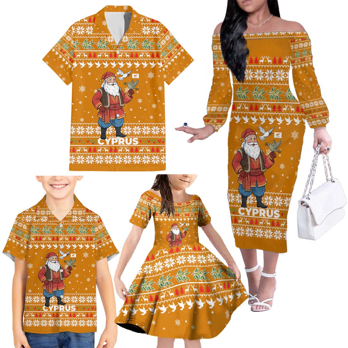 Cyprus Christmas Family Matching Off The Shoulder Long Sleeve Dress and Hawaiian Shirt with Santa Holding Doves Olive Branch Snowflakes and Holiday - Wonder Print Shop