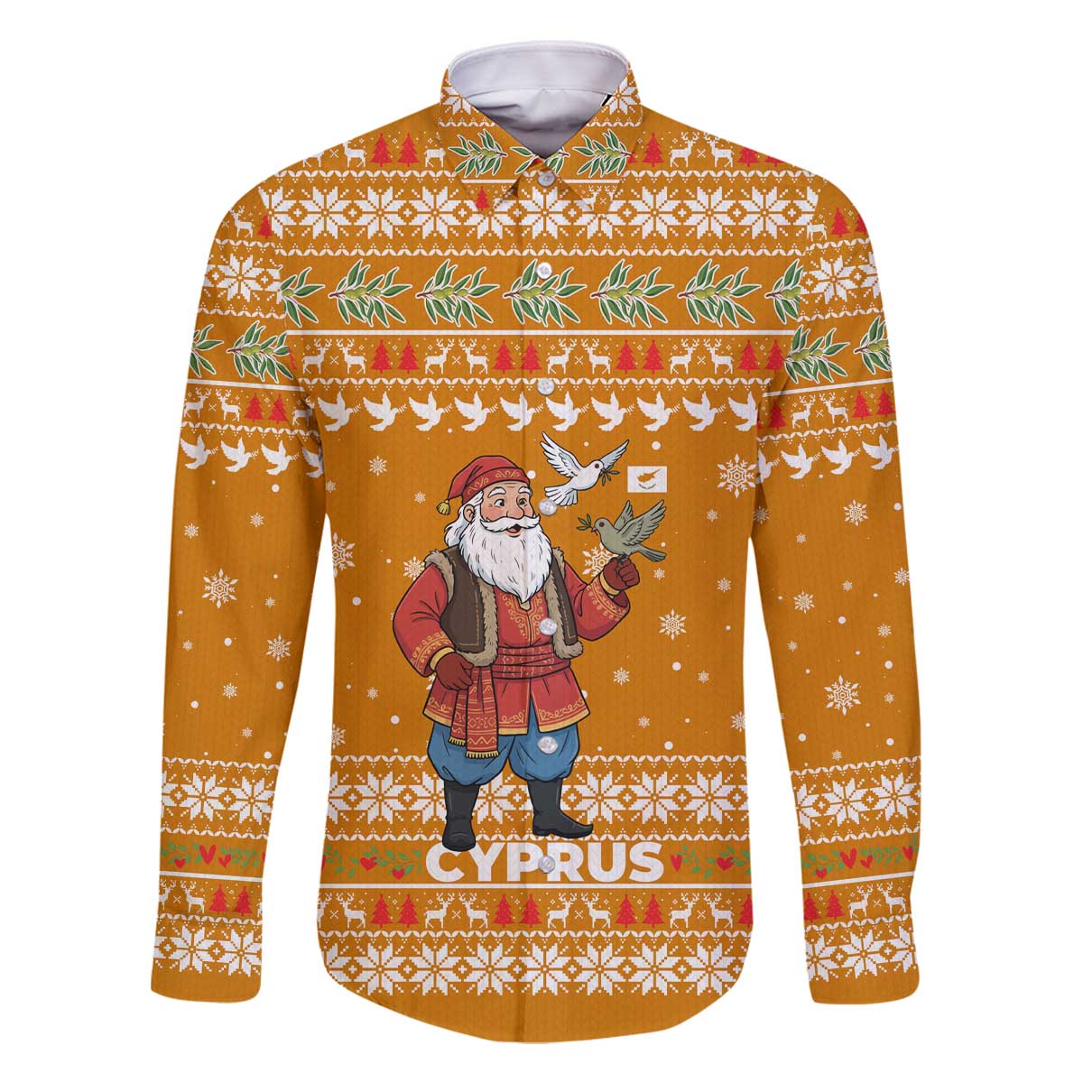 Cyprus Christmas Family Matching Off The Shoulder Long Sleeve Dress and Hawaiian Shirt with Santa Holding Doves Olive Branch Snowflakes and Holiday - Wonder Print Shop