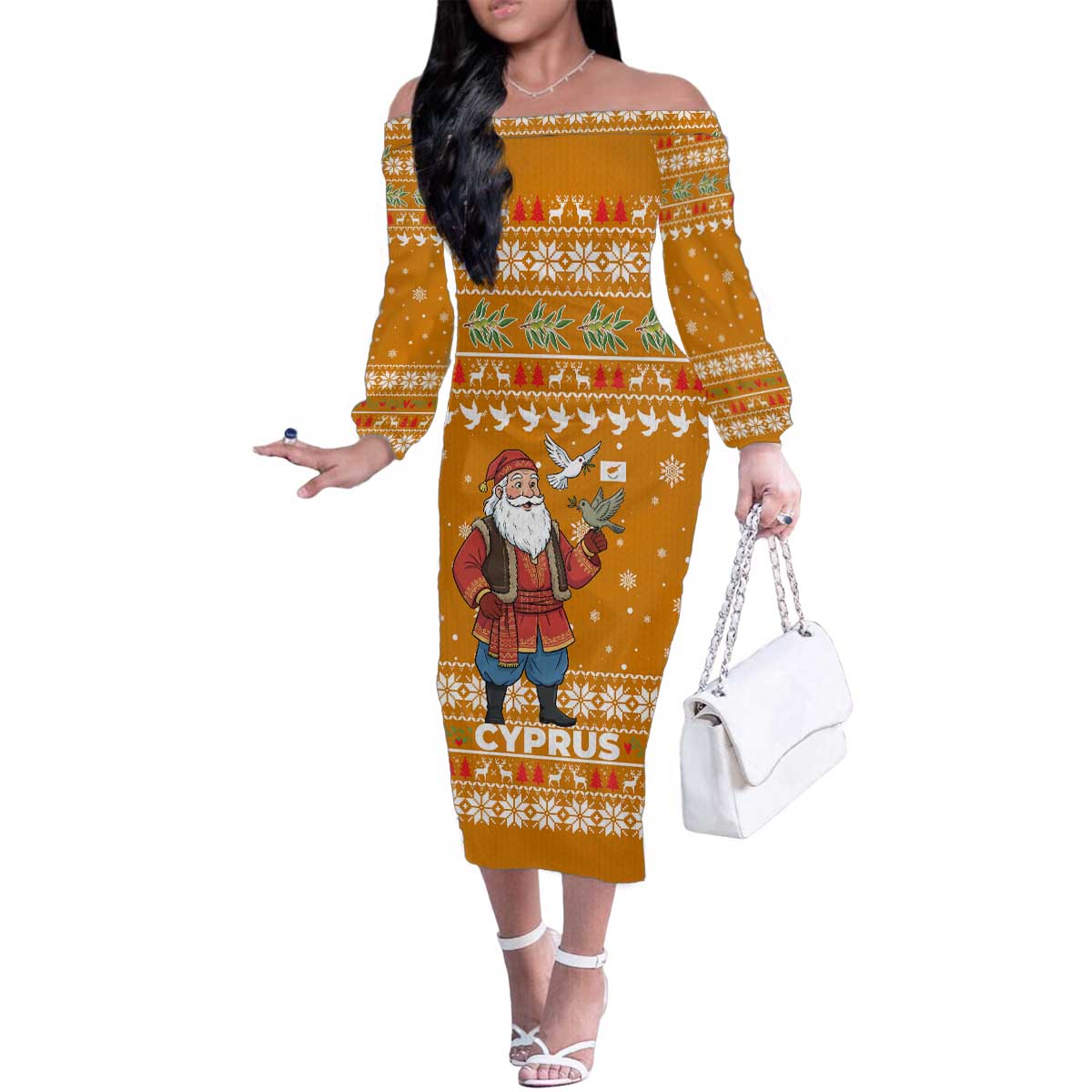 Cyprus Christmas Family Matching Off The Shoulder Long Sleeve Dress and Hawaiian Shirt with Santa Holding Doves Olive Branch Snowflakes and Holiday - Wonder Print Shop