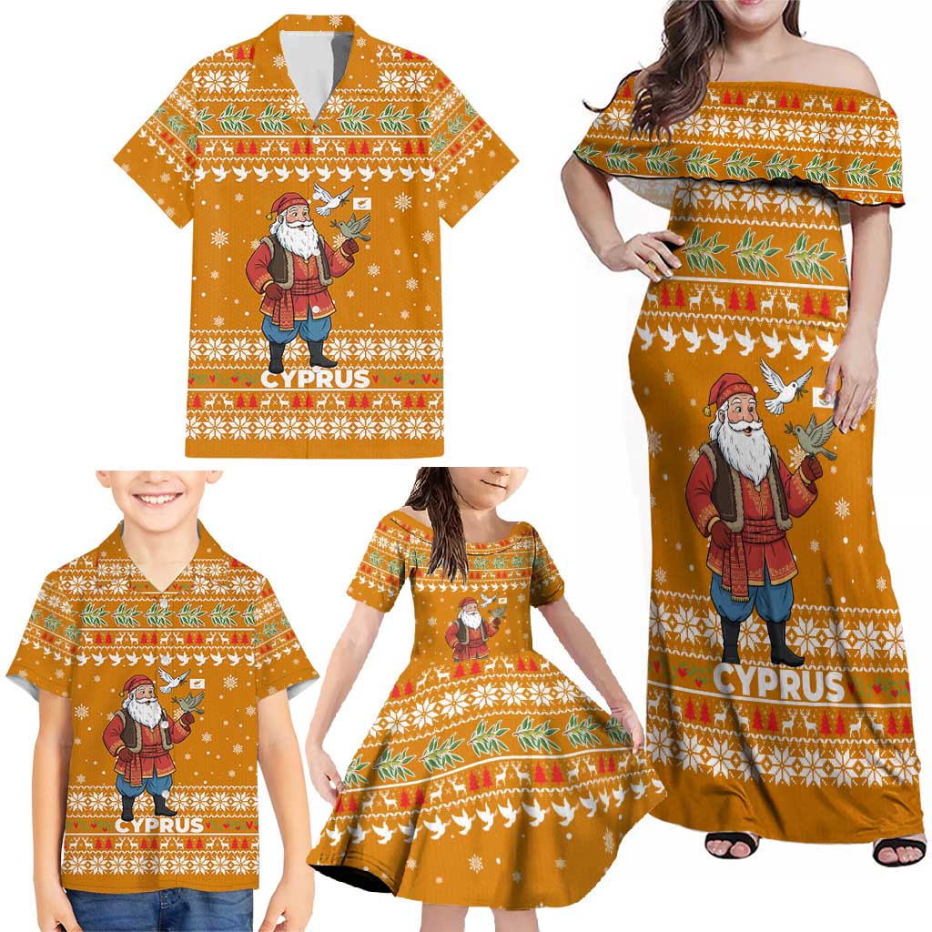 Cyprus Christmas Family Matching Off Shoulder Maxi Dress and Hawaiian Shirt with Santa Holding Doves Olive Branch Snowflakes and Holiday - Wonder Print Shop