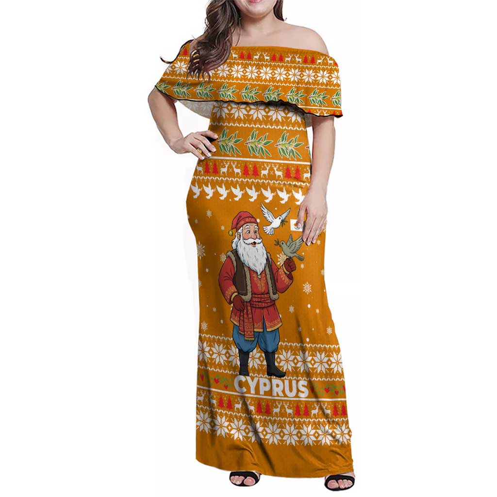 Cyprus Christmas Family Matching Off Shoulder Maxi Dress and Hawaiian Shirt with Santa Holding Doves Olive Branch Snowflakes and Holiday - Wonder Print Shop