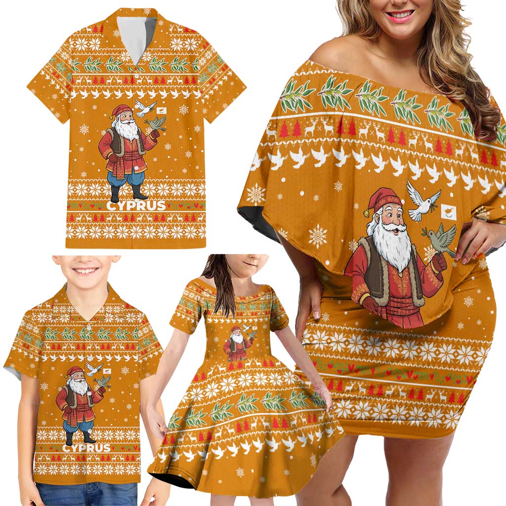 Cyprus Christmas Family Matching Off Shoulder Short Dress and Hawaiian Shirt with Santa Holding Doves Olive Branch Snowflakes and Holiday - Wonder Print Shop