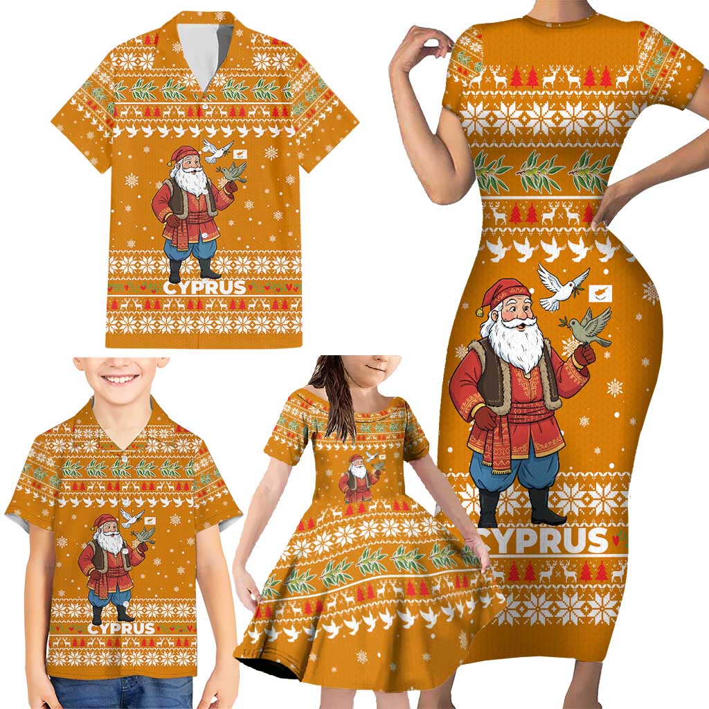 Cyprus Christmas Family Matching Short Sleeve Bodycon Dress and Hawaiian Shirt with Santa Holding Doves Olive Branch Snowflakes and Holiday - Wonder Print Shop