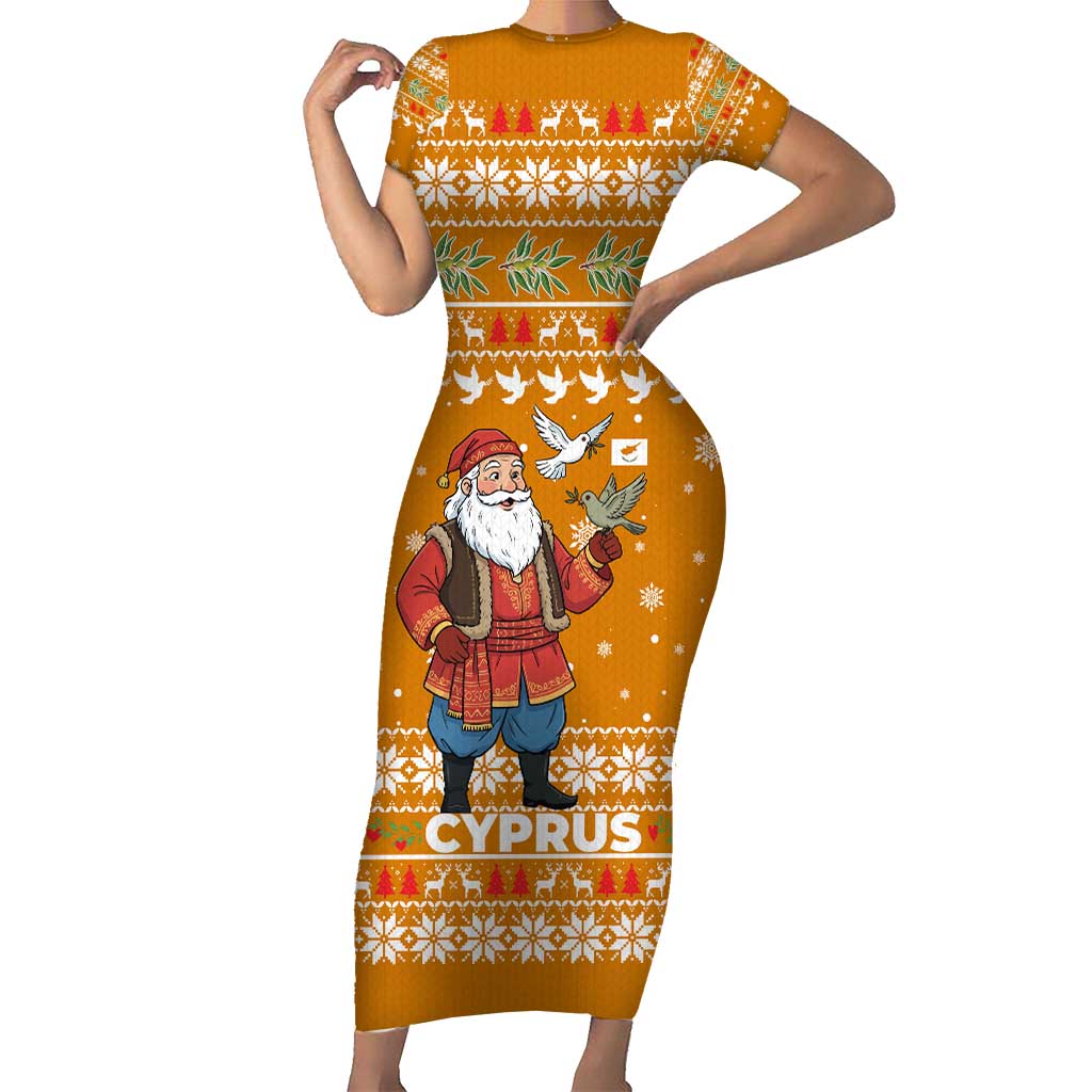 Cyprus Christmas Family Matching Short Sleeve Bodycon Dress and Hawaiian Shirt with Santa Holding Doves Olive Branch Snowflakes and Holiday - Wonder Print Shop