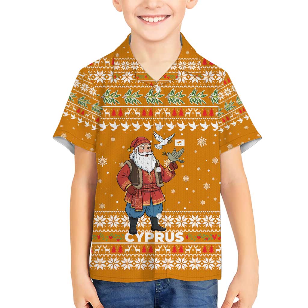 Cyprus Christmas Family Matching Short Sleeve Bodycon Dress and Hawaiian Shirt with Santa Holding Doves Olive Branch Snowflakes and Holiday - Wonder Print Shop