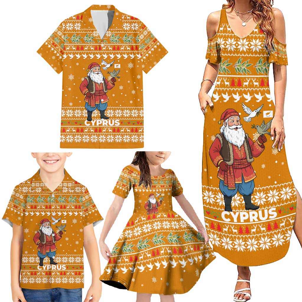 Cyprus Christmas Family Matching Summer Maxi Dress and Hawaiian Shirt with Santa Holding Doves Olive Branch Snowflakes and Holiday - Wonder Print Shop