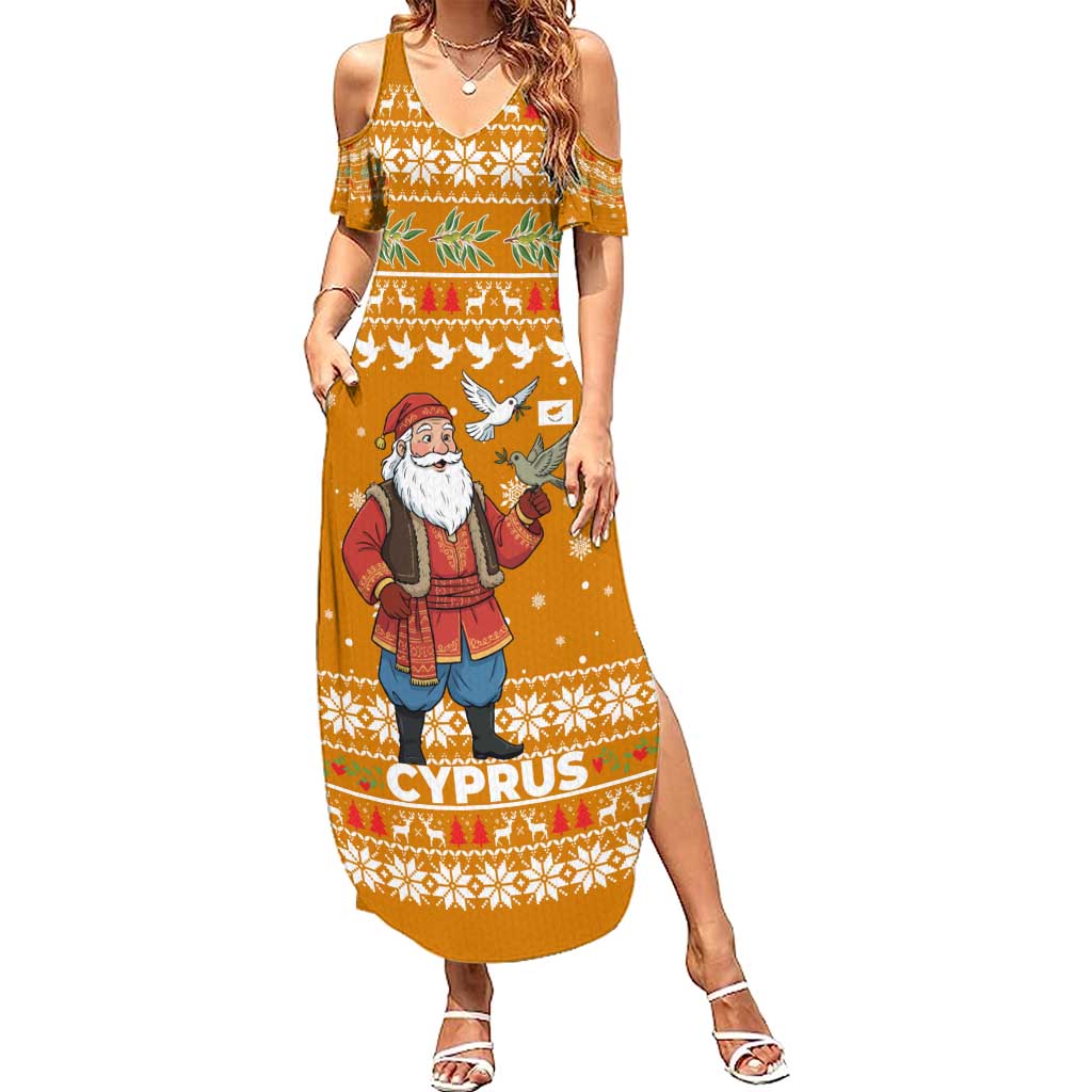 Cyprus Christmas Family Matching Summer Maxi Dress and Hawaiian Shirt with Santa Holding Doves Olive Branch Snowflakes and Holiday - Wonder Print Shop