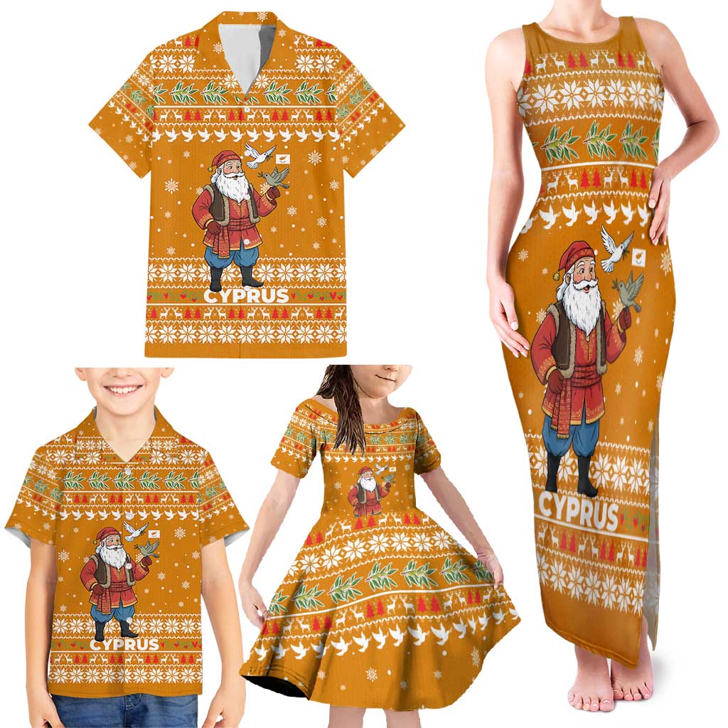Cyprus Christmas Family Matching Tank Maxi Dress and Hawaiian Shirt with Santa Holding Doves Olive Branch Snowflakes and Holiday - Wonder Print Shop