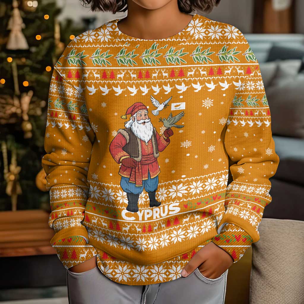 Cyprus Christmas Kid Ugly Christmas Sweater with Santa Holding Doves Olive Branch Snowflakes and Holiday - Wonder Print Shop