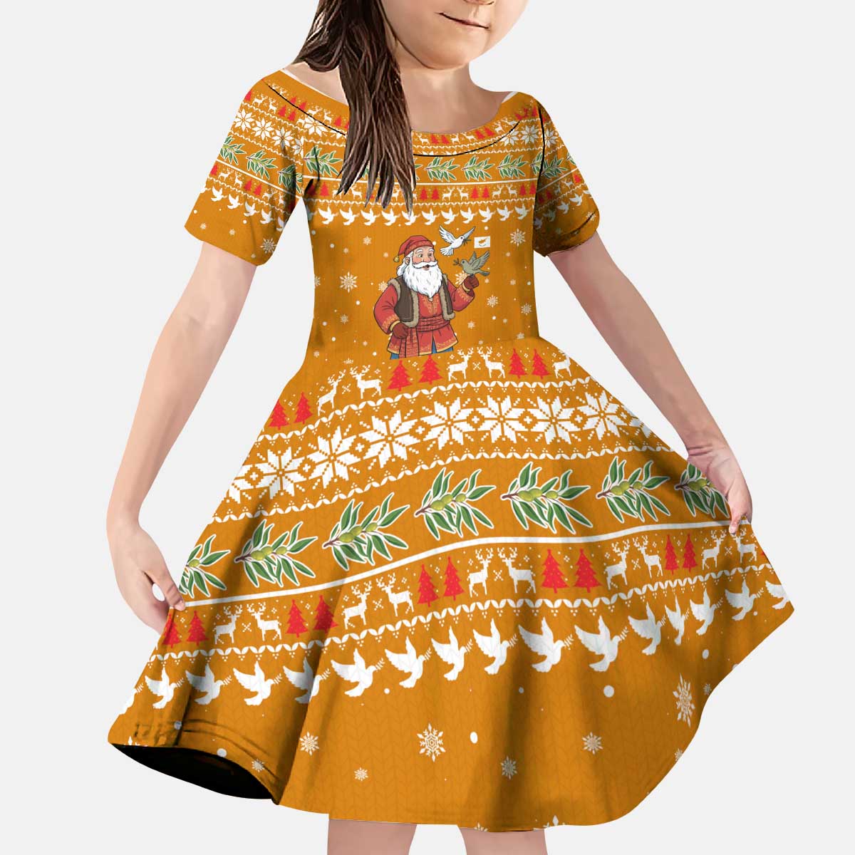 Cyprus Christmas Kid Short Sleeve Dress with Santa Holding Doves Olive Branch Snowflakes and Holiday - Wonder Print Shop