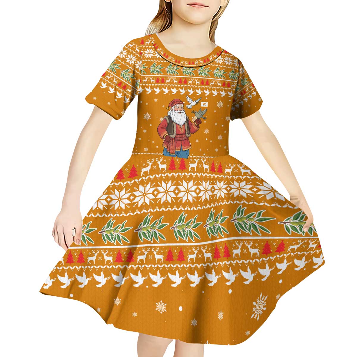 Cyprus Christmas Kid Short Sleeve Dress with Santa Holding Doves Olive Branch Snowflakes and Holiday - Wonder Print Shop