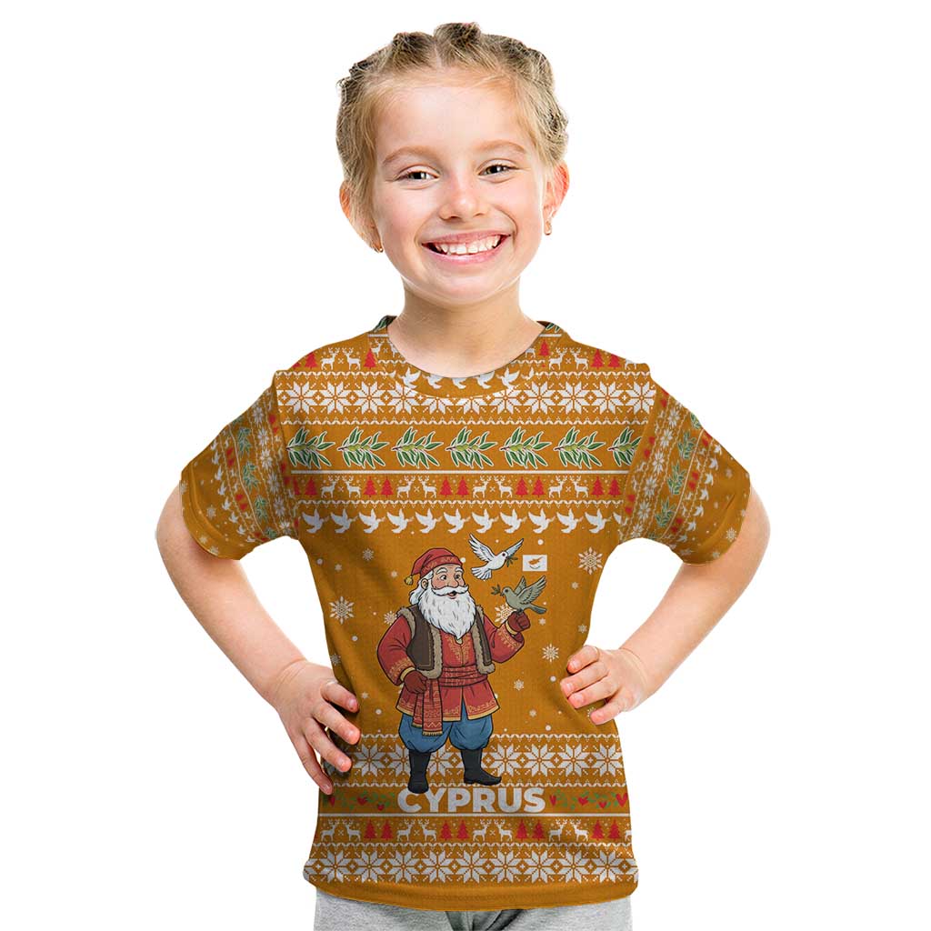 Cyprus Christmas Kid T Shirt with Santa Holding Doves Olive Branch Snowflakes and Holiday - Wonder Print Shop