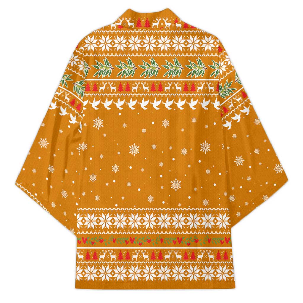 Cyprus Christmas Kimono with Santa Holding Doves Olive Branch Snowflakes and Holiday - Wonder Print Shop