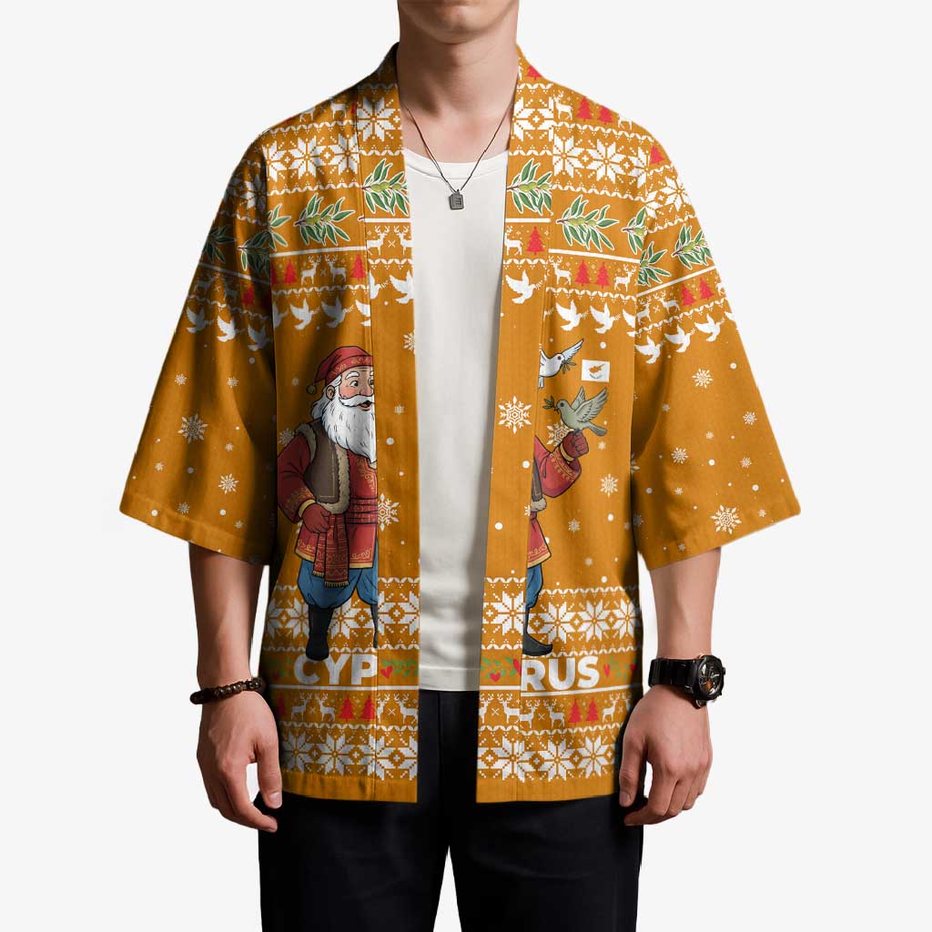 Cyprus Christmas Kimono with Santa Holding Doves Olive Branch Snowflakes and Holiday - Wonder Print Shop