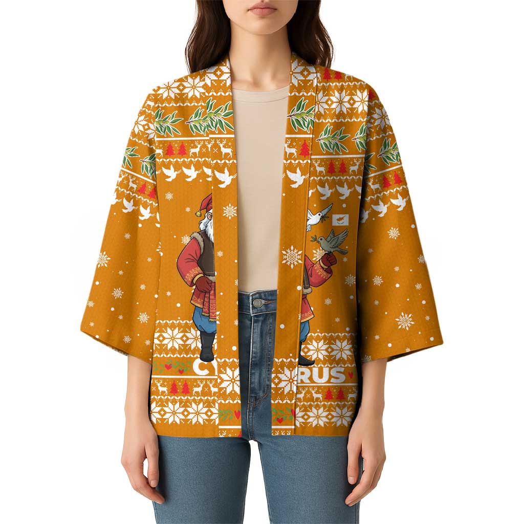 Cyprus Christmas Kimono with Santa Holding Doves Olive Branch Snowflakes and Holiday - Wonder Print Shop