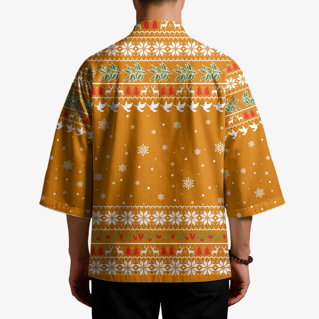 Cyprus Christmas Kimono with Santa Holding Doves Olive Branch Snowflakes and Holiday - Wonder Print Shop