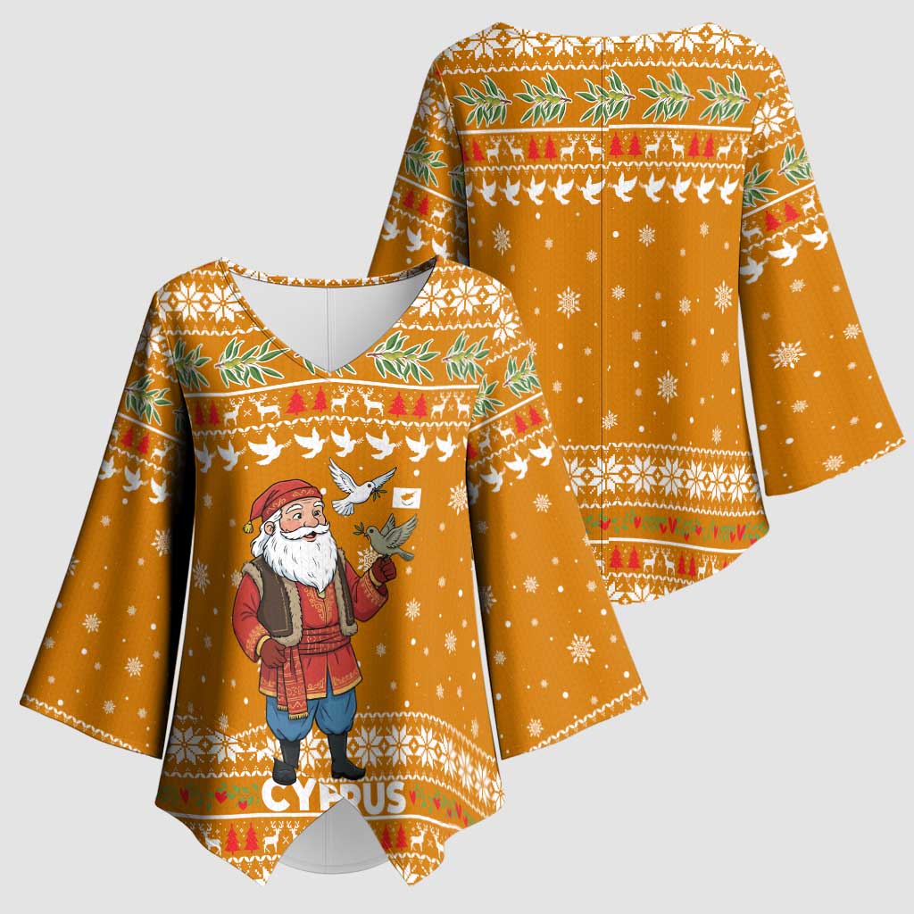 Cyprus Christmas Kimono Sleeve Blouse with Santa Holding Doves Olive Branch Snowflakes and Holiday - Wonder Print Shop