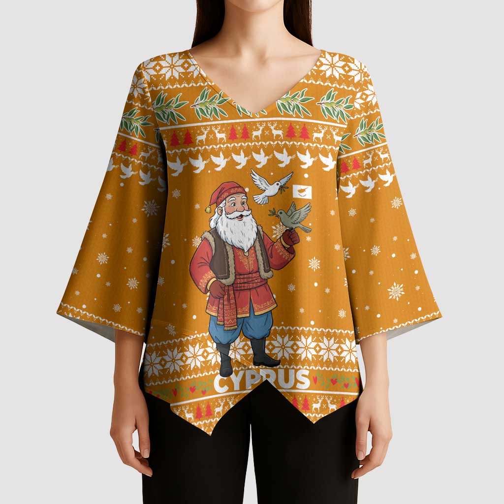 Cyprus Christmas Kimono Sleeve Blouse with Santa Holding Doves Olive Branch Snowflakes and Holiday - Wonder Print Shop