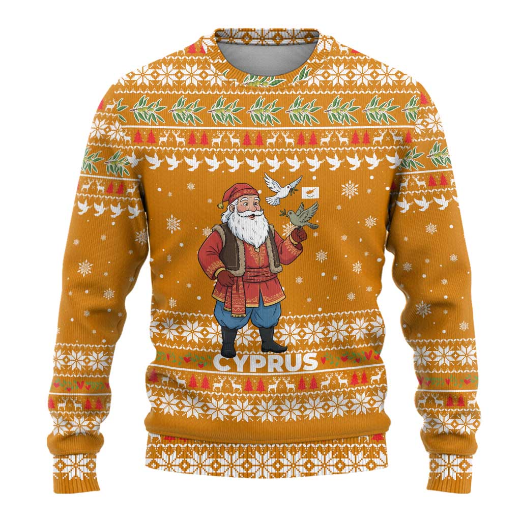 Cyprus Christmas Ugly Christmas Sweater with Santa Holding Doves Olive Branch Snowflakes and Holiday - Wonder Print Shop