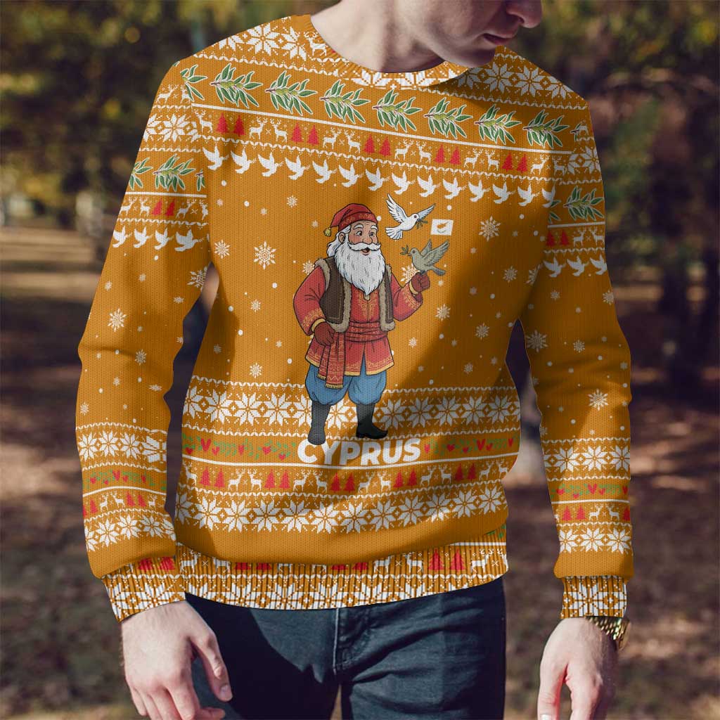 Cyprus Christmas Ugly Christmas Sweater with Santa Holding Doves Olive Branch Snowflakes and Holiday - Wonder Print Shop