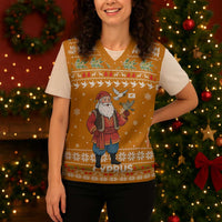 Cyprus Christmas Knitted V-Neck Vest with Santa Holding Doves Olive Branch Snowflakes and Holiday - Wonder Print Shop