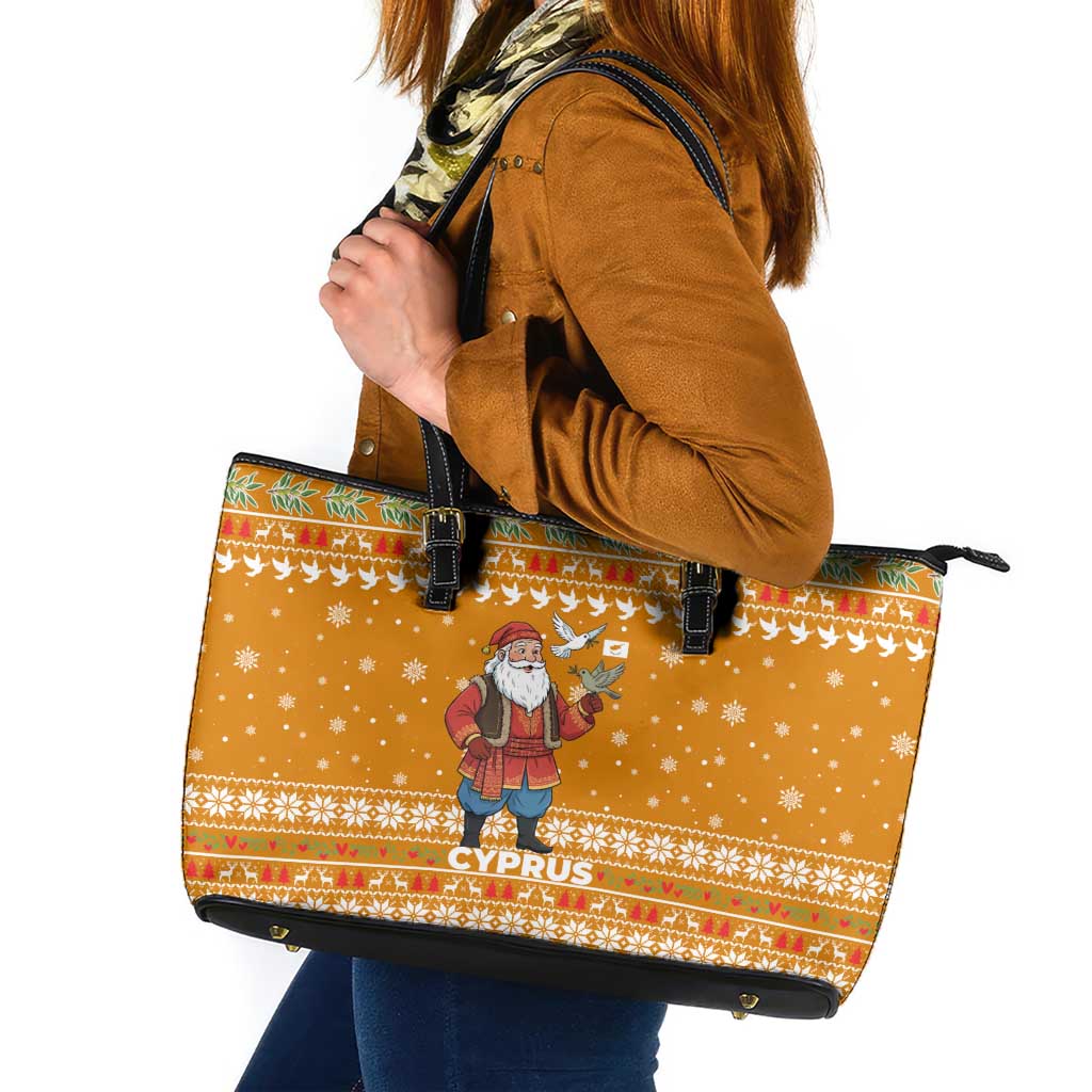 Cyprus Christmas Leather Tote Bag with Santa Holding Doves Olive Branch Snowflakes and Holiday - Wonder Print Shop