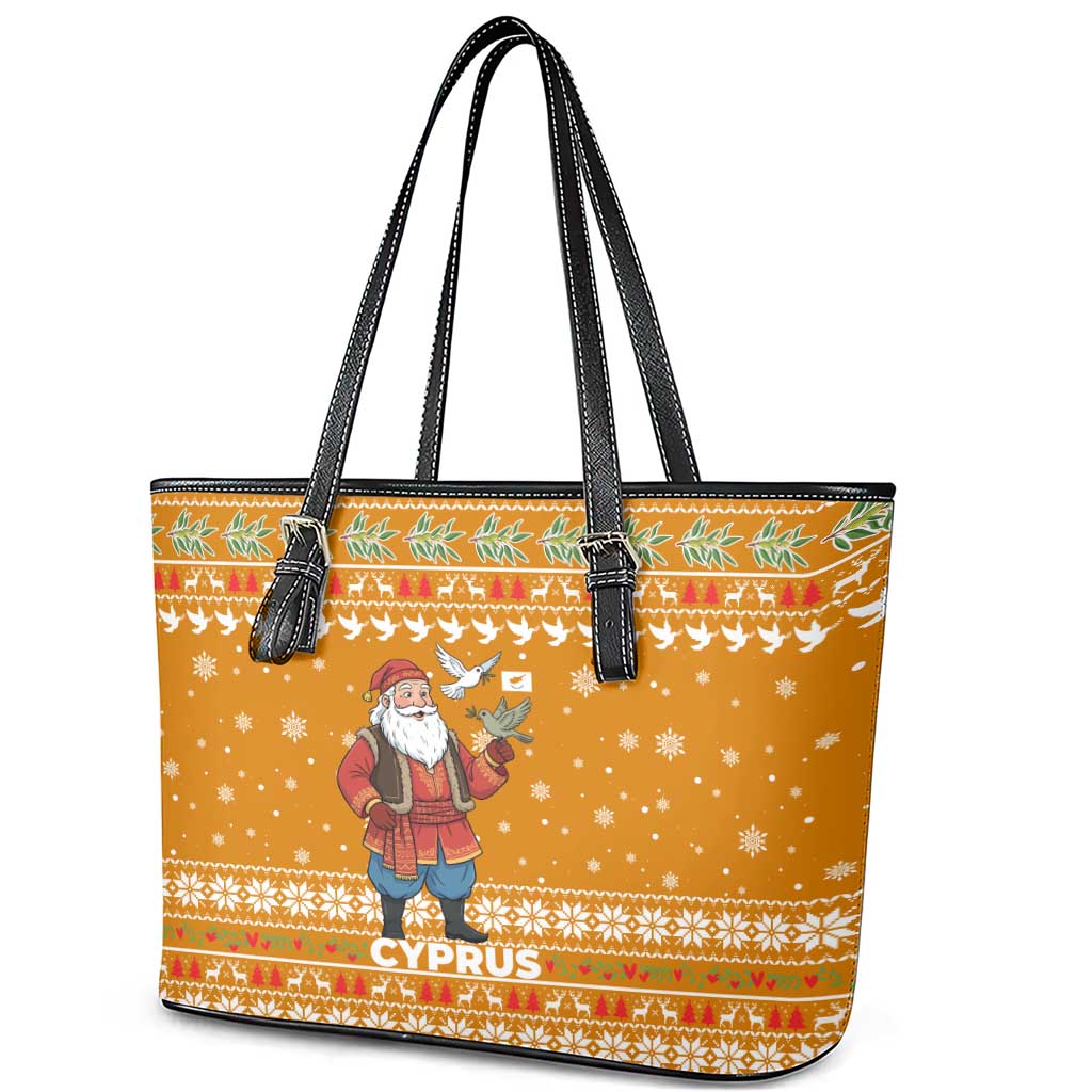 Cyprus Christmas Leather Tote Bag with Santa Holding Doves Olive Branch Snowflakes and Holiday - Wonder Print Shop