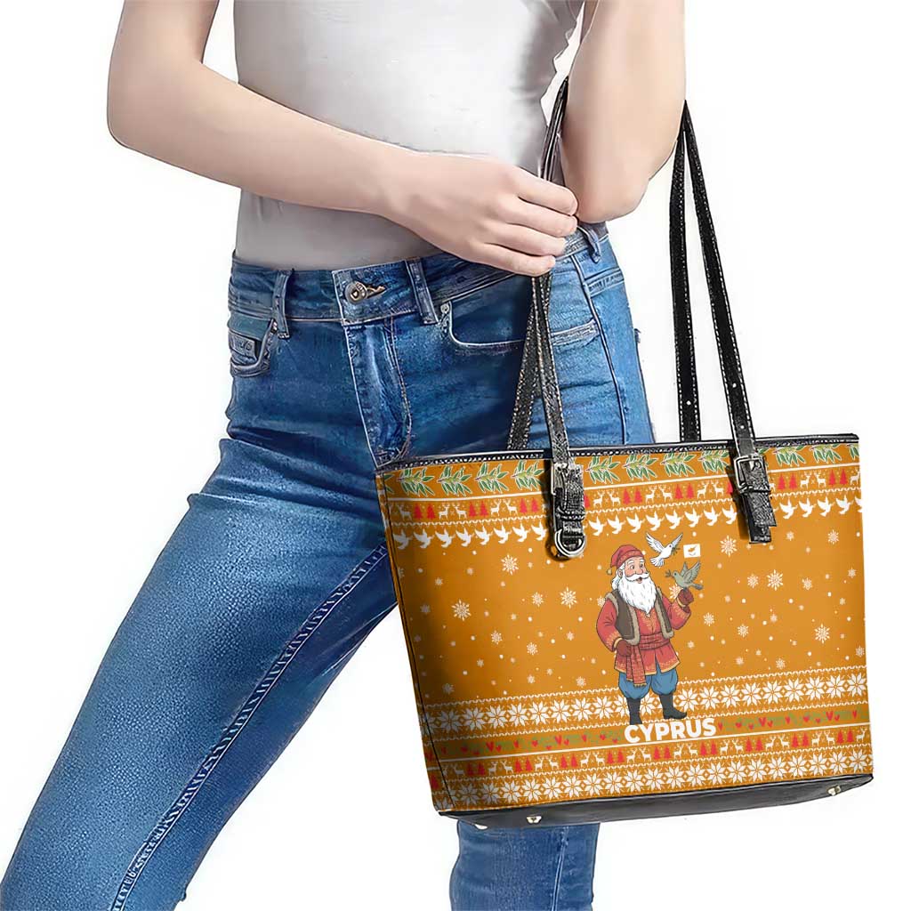 Cyprus Christmas Leather Tote Bag with Santa Holding Doves Olive Branch Snowflakes and Holiday - Wonder Print Shop