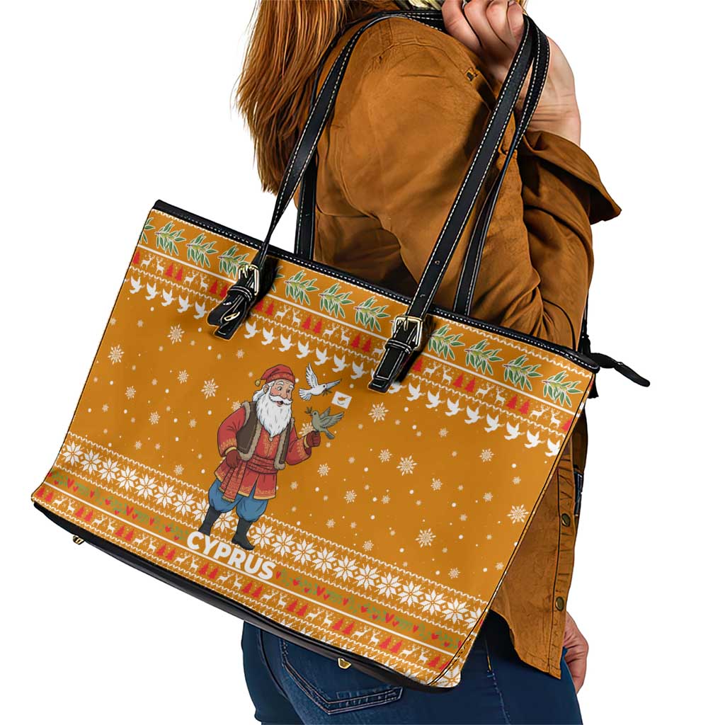 Cyprus Christmas Leather Tote Bag with Santa Holding Doves Olive Branch Snowflakes and Holiday - Wonder Print Shop