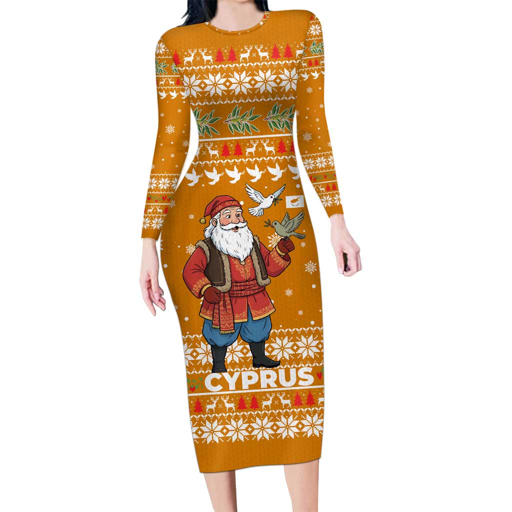 Cyprus Christmas Long Sleeve Bodycon Dress with Santa Holding Doves Olive Branch Snowflakes and Holiday - Wonder Print Shop