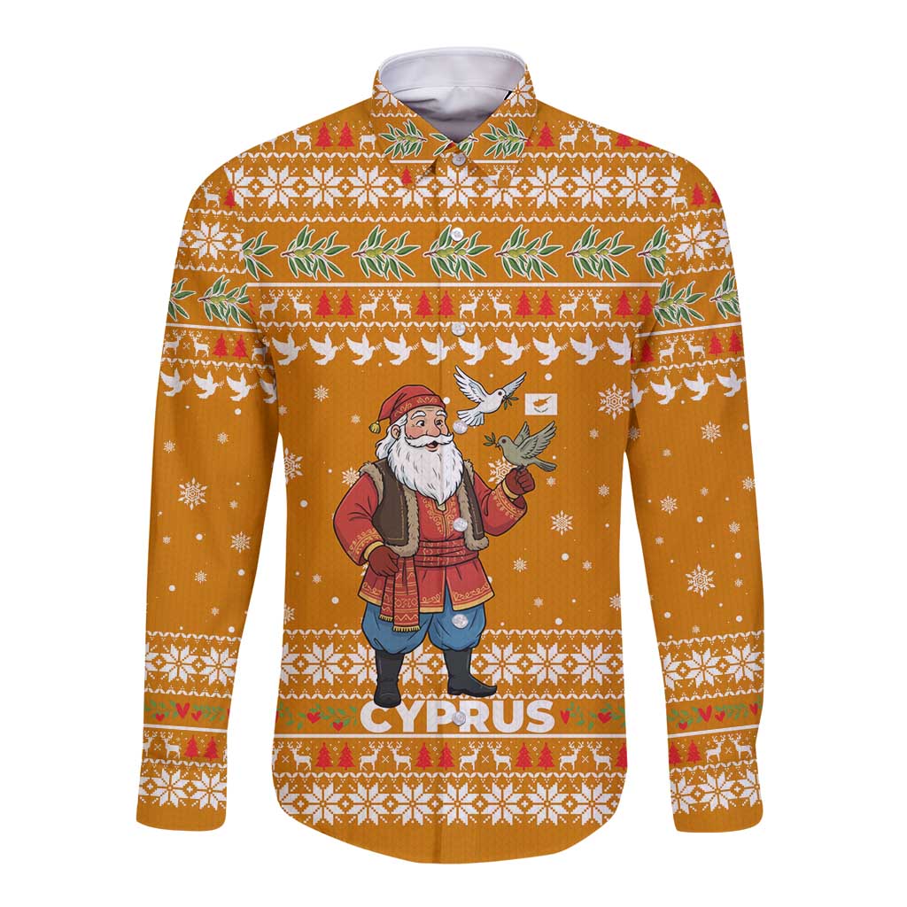 Cyprus Christmas Long Sleeve Button Shirt with Santa Holding Doves Olive Branch Snowflakes and Holiday - Wonder Print Shop