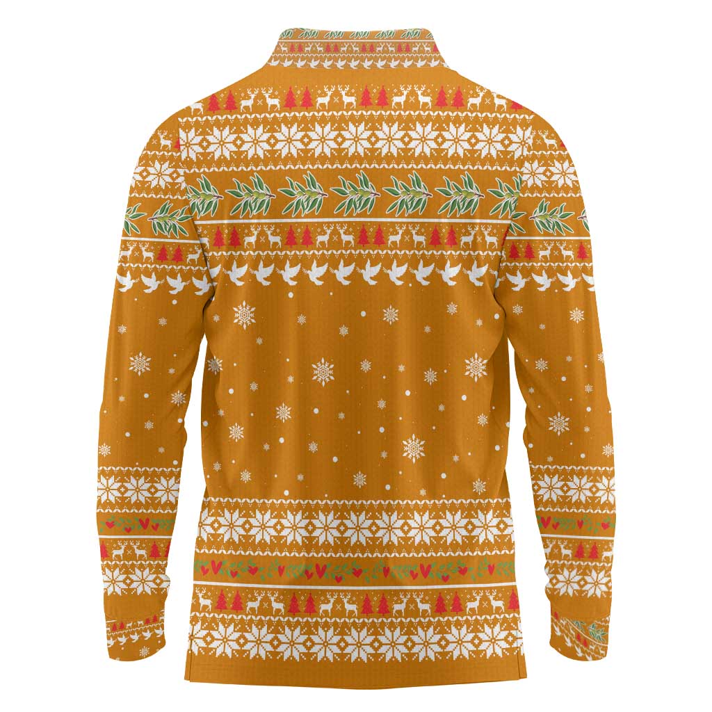 Cyprus Christmas Long Sleeve Polo Shirt with Santa Holding Doves Olive Branch Snowflakes and Holiday - Wonder Print Shop